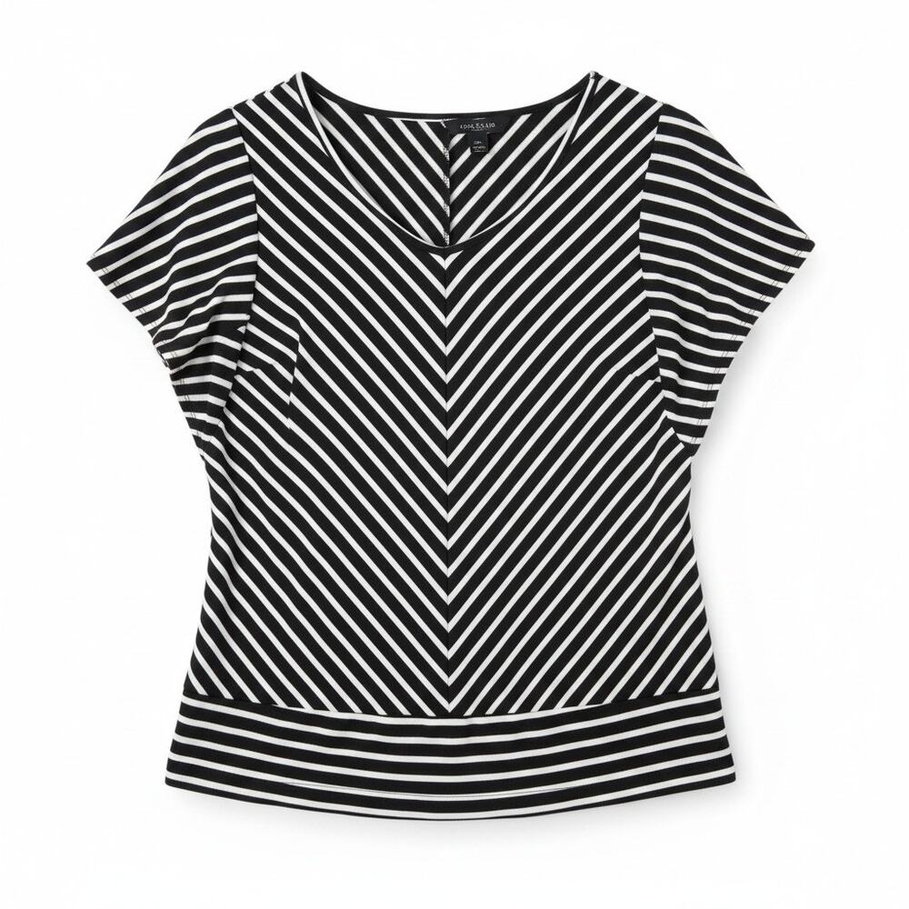 Womens Striped Short Dolman Sleeve Top Black White Mod Minimalist Casual Classic